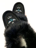 Laurentian Chief Ladies Fur Trimmed Moccasins Thunderbird Beaded Pattern