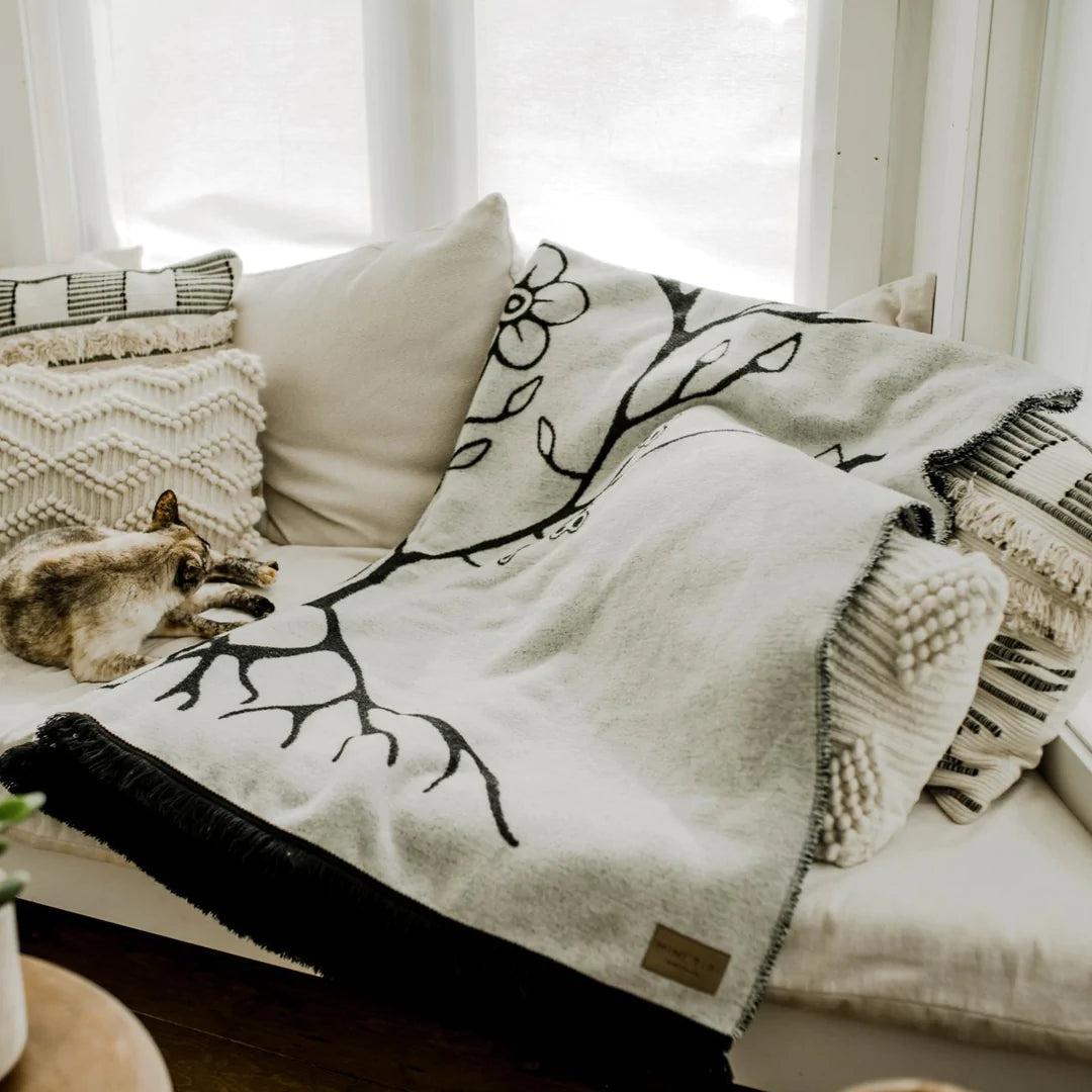 MINI TIPI Black & White Woodland Floral Panel Blanket