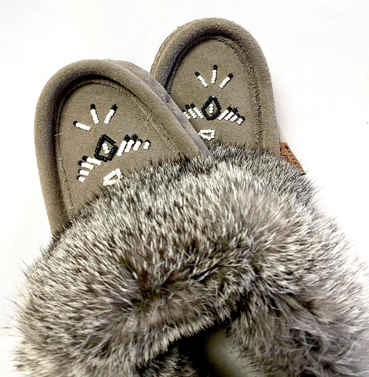 Laurentian Chief Ladies Fur Trimmed Moccasins Thunderbird Beaded Pattern