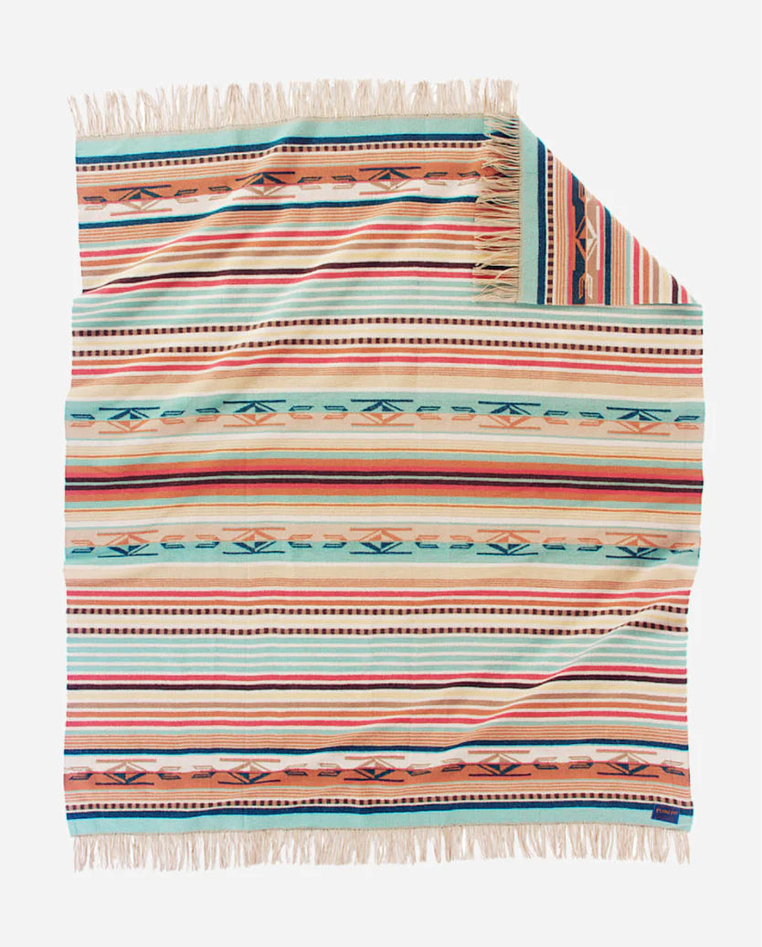 Pendleton Chimayo Fringed Throw Coral Aqua Stripe